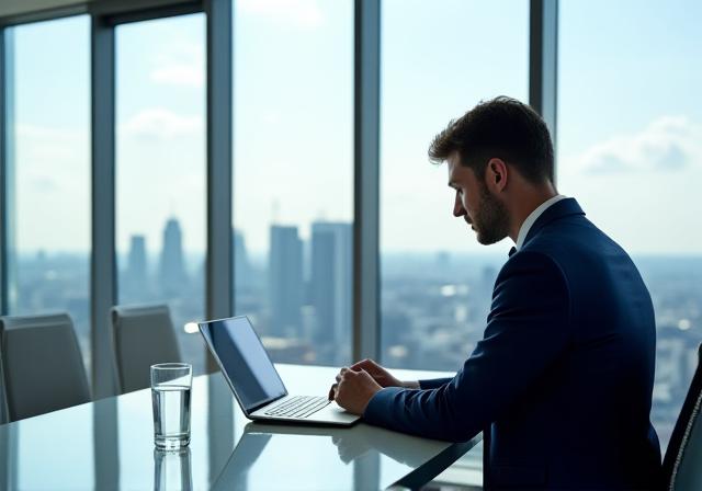 Professional solicitor working in a modern London office with City skyline view